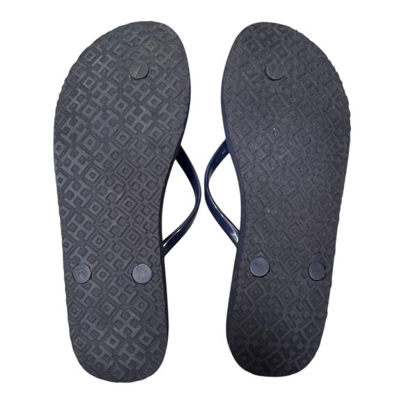 Tory Burch Navy White Thin Flip Flops Size 8 w Gold Logo With Box Good Condition - Picture 6 of 7